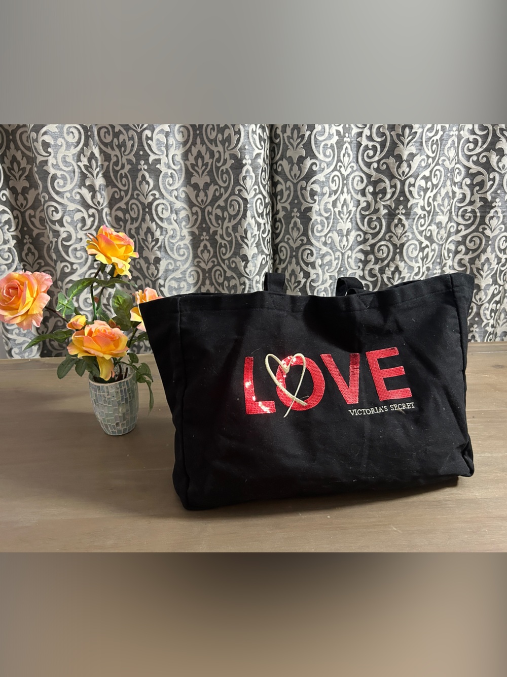 Victoria's Secret Black Tote with Red 'LOVE' Lettering and Gold Accent
